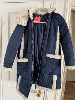 J. Crew Navy Puffer Coat with Cream Sherpa Trim